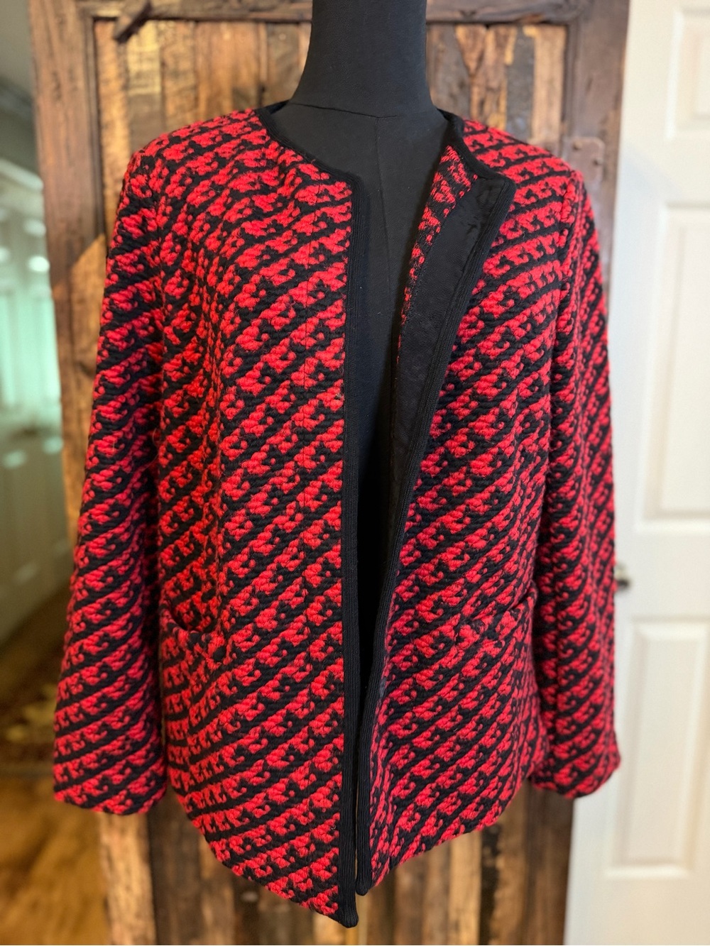 Talbots Petites Red Black Wool Cardigan Jacket LP preppy lady career holiday